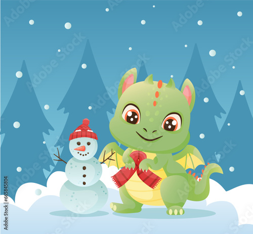Cute cartoon green dragon with a snowman. New year 2024 vector. Winter activity for kids. Merry Christmas card.
