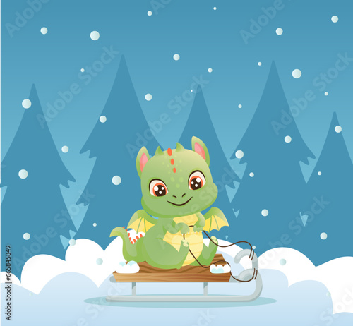 Cute cartoon green dragon on sleigh. New year vector illustration on a white background. Christmas 2024