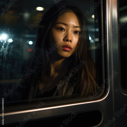 night Street dreamy photo sad asian woman model window looking at camera portrait reflection glare