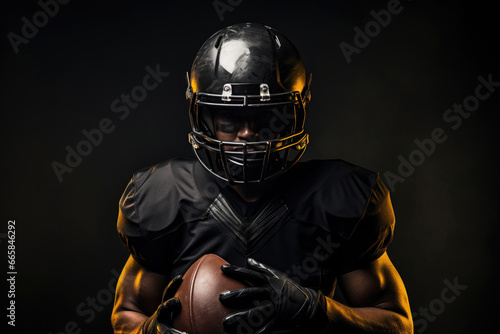An African American football athlete dons his uniform against a black backdrop