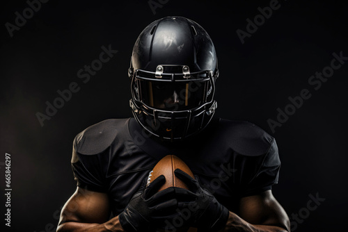A football player of African descent in full gear against a dark background