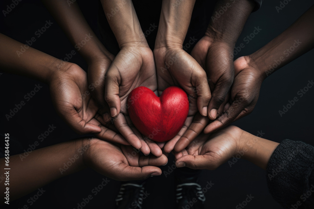 A shared heartbeat: diverse hands cradle a scarlet heart, signifying unity and compassion on World AIDS Day A shared heartbeat: diverse hands cradle a scarlet heart, signifying unity and compassion on World AIDS Day