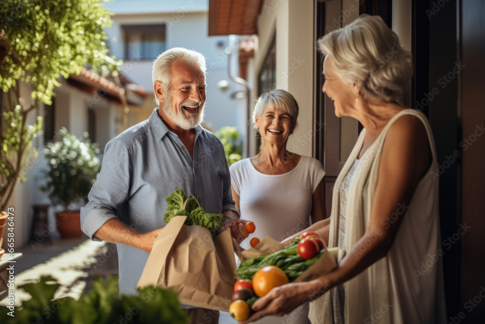 Elderly folks delighted with vegetables. Assisting seniors with doorstep grocery delivery