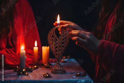Women's hands light a candle on the table for rituals. Carrying out a magical action