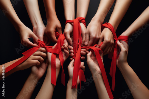 Red thread of compassion: many hands bound with scarlet ribbon, signifying collective empathy and understanding