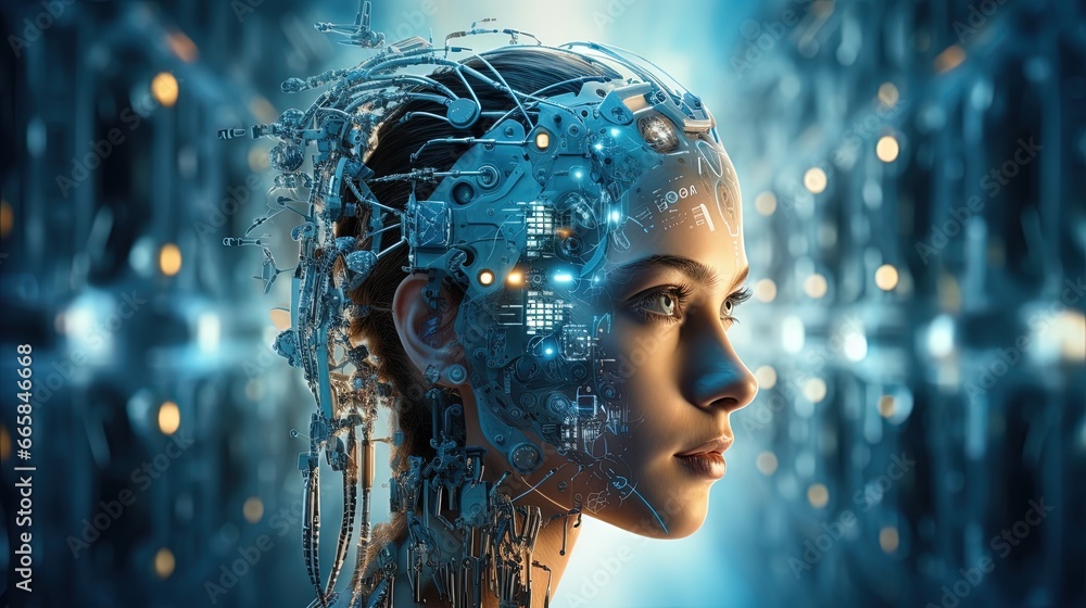 a woman with a robotic head. Fantasy concept , Illustration painting. a woman with a robotic head. Fantasy concept , Illustration painting.