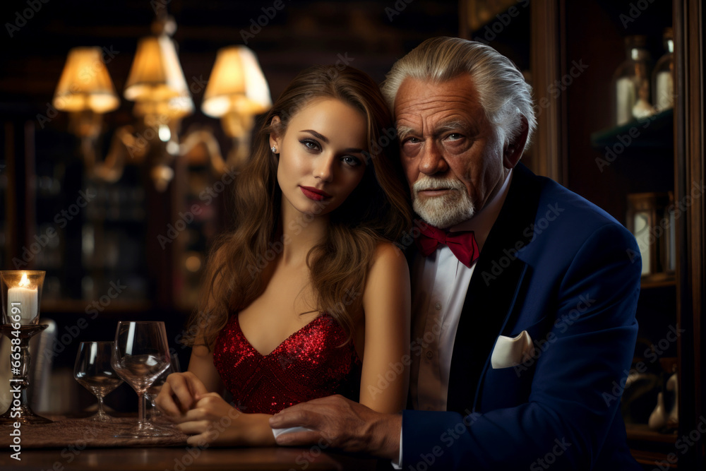 Rich older man alongside a young lady, representing a transactional relationship, financial motivations, and the moral degradation of a woman