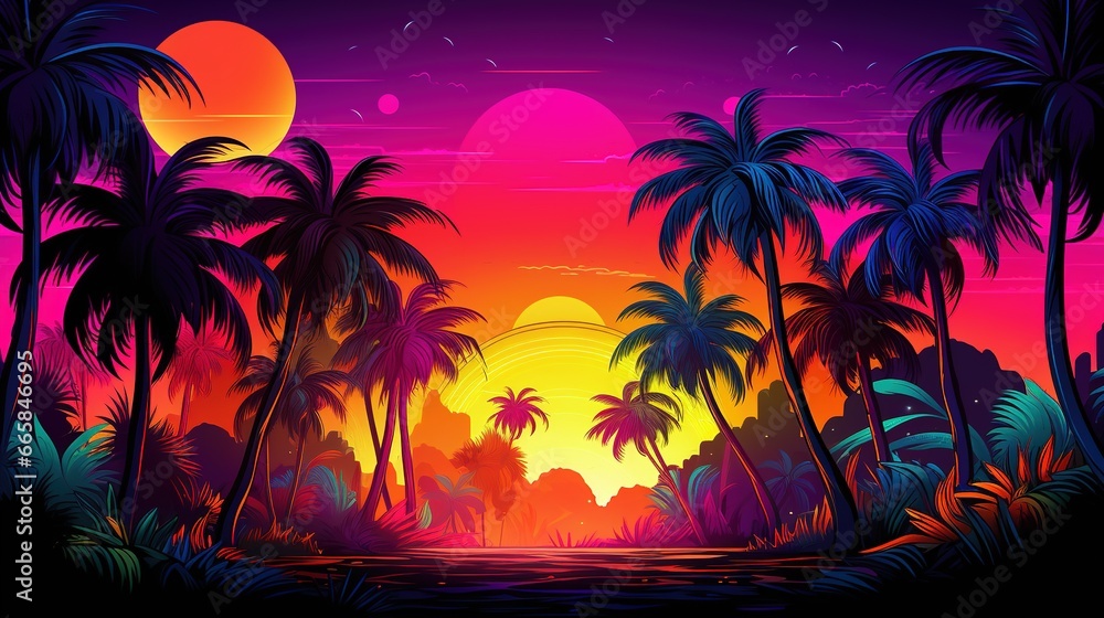 a tropical landscape with palm trees on the background. Fantasy concept , Illustration painting.