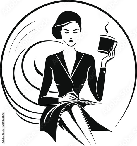 Stylish Modern Woman Holding cup and reading book, black white flat illustration