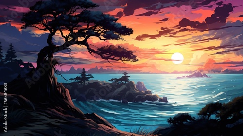a painting of a sunset over a beach and cliff. Fantasy concept , Illustration painting. © X-Poser
