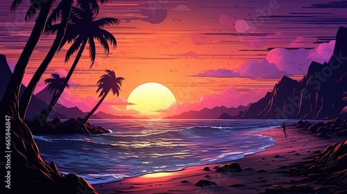 a landscape of tropical seas and palm trees with colorful sunsets. Fantasy concept , Illustration painting.