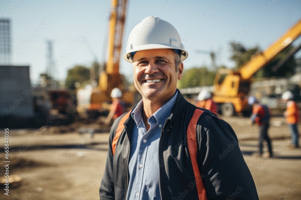 Smiling portrait of a middle aged businessman in a construction site Smiling portrait of a middle aged businessman in a construction site