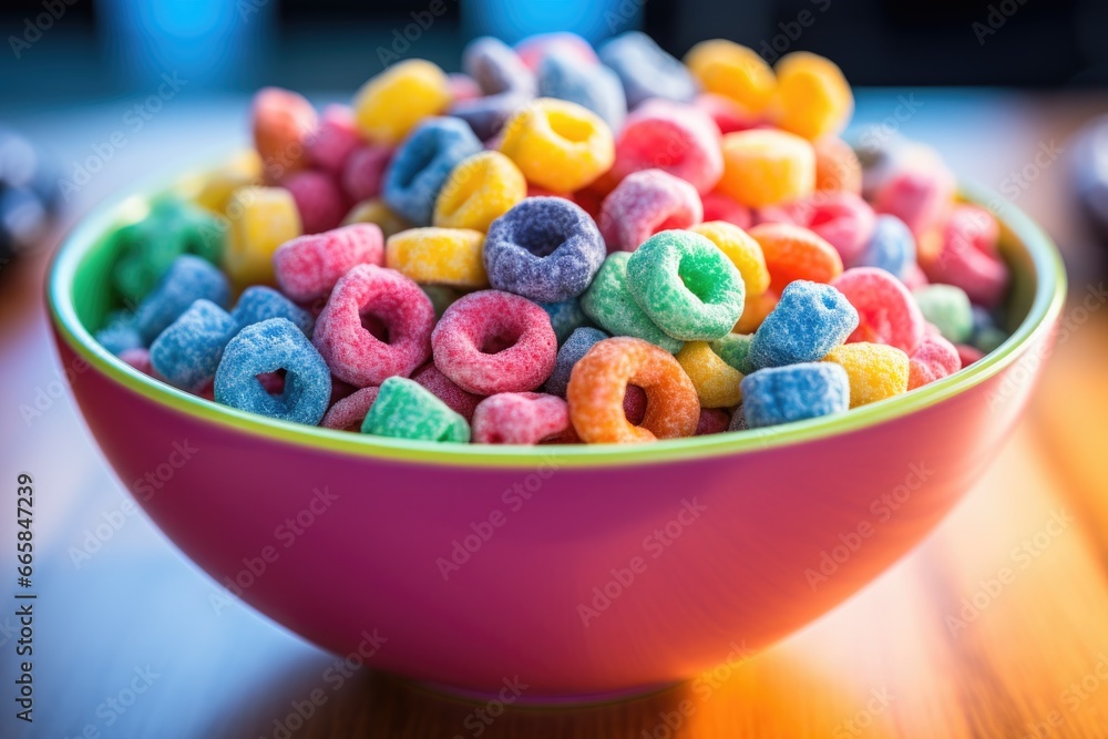 Vibrant Multi-Colored Cereal in a Glossy Bowl Vibrant Multi-Colored Cereal in a Glossy Bowl