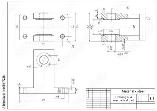Vector drawing of a steel mechanical part with through holes.
Engineering cad scheme. Mechanic background.