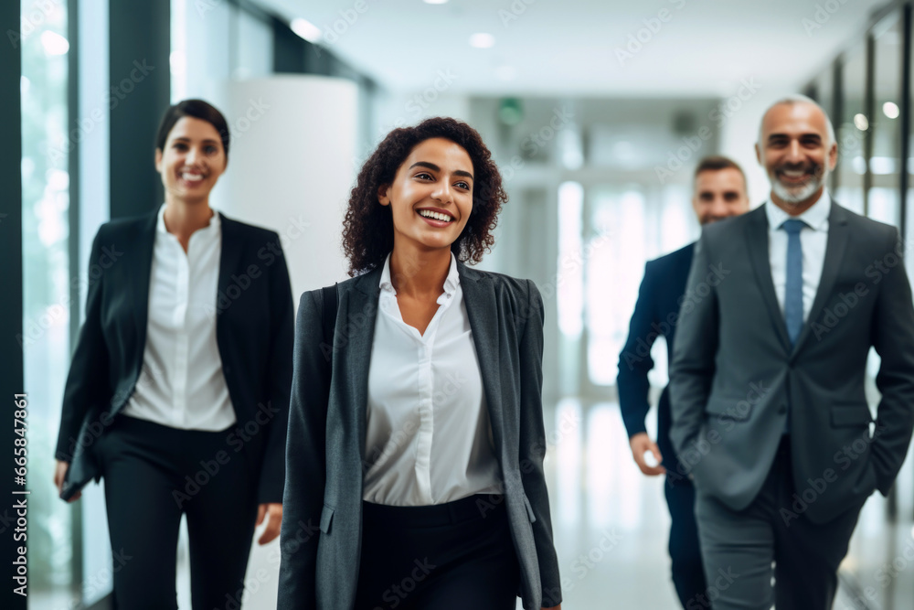 Team of corporate professionals talking and walking in office corridor Team of corporate professionals talking and walking in office corridor