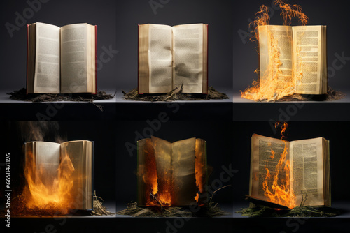 Old books burning in flames. The concept of censorship, dictatorship, book burning in history. photo