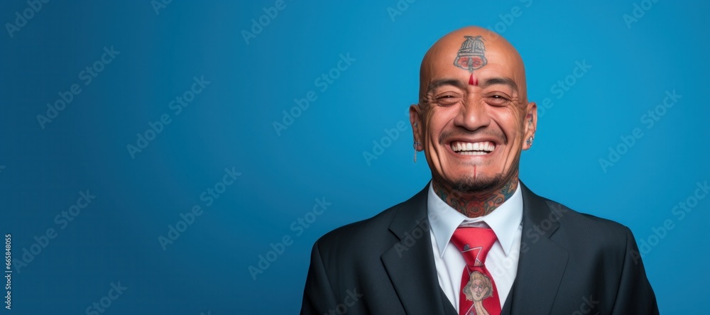 Mature businessman with neck and face tattoos smile face portrait Mature businessman with neck and face tattoos smile face portrait