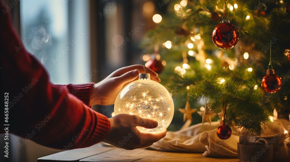Manos sosteniendo una esfera con luz brillante junto al árbol de navidad - obrazy, fototapety, plakaty 