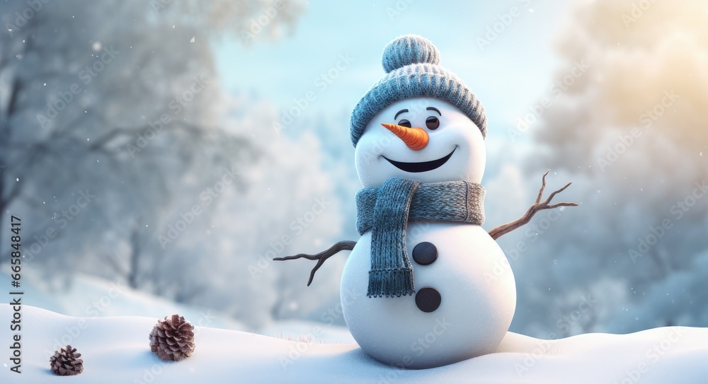 Obraz premium Cute snowman with scarf and woolly hat against a beautiful winter background.