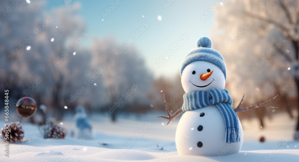 Cute snowman with scarf and woolly hat against a beautiful winter background.