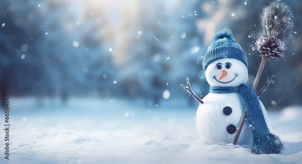 Cute snowman with scarf and woolly hat against a beautiful winter background.