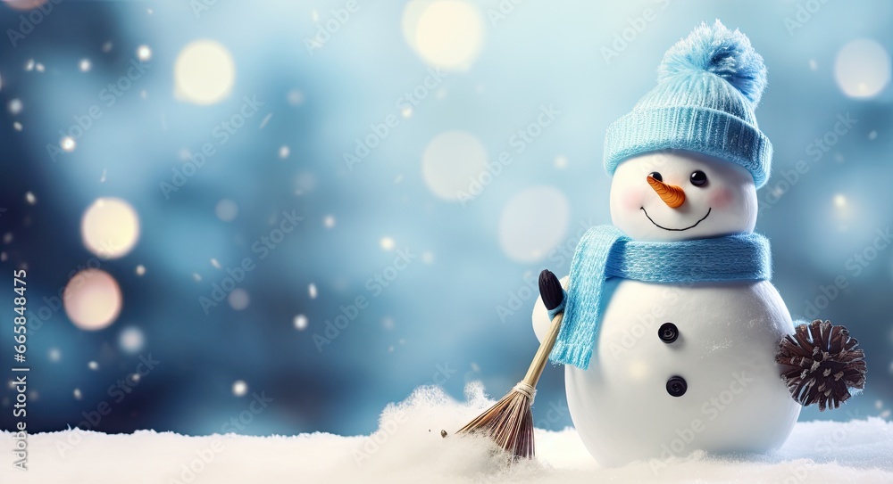 Fototapeta premium Cute snowman with scarf and woolly hat against a beautiful winter background.