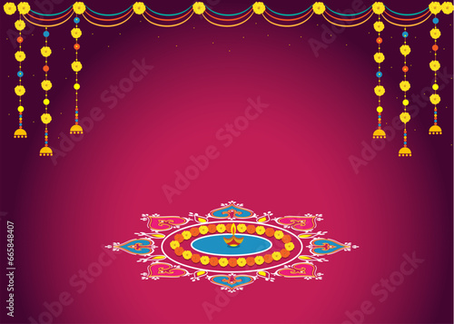 Vector decorative background with colorful rangoli, marigold garland , diya and welcoming toran or door hanging with fresh marigold flowers. 