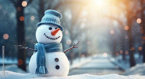 Cute snowman with scarf and woolly hat against a beautiful winter background. © LeitnerR