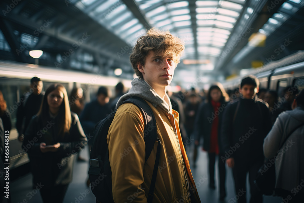 In a busy train station, a confident man stands on the bustling platform, meeting the camera's gaze amidst a sea of hurried commuters and the urban pulse of city life In a busy train station, a confident man stands on the bustling platform, meeting the camera's gaze amidst a sea of hurried commuters and the urban pulse of city life