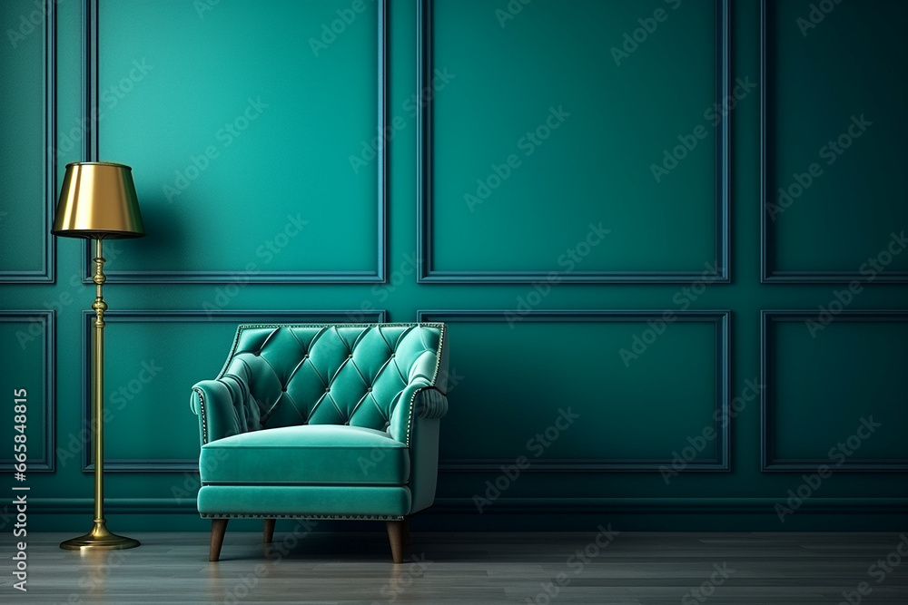 Beautiful luxury classic blue green clean interior room in classic style with green soft armchair. Vintage antique blue-green chair standing beside emerald wall. Minimalist home design. High quality - obrazy, fototapety, plakaty 