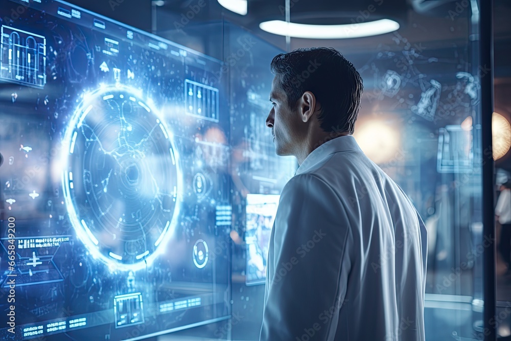 Scientist in front of a hologram and virtual data. Virtual reality in medicine and health care. Scientist in front of a hologram and virtual data. Virtual reality in medicine and health care.
