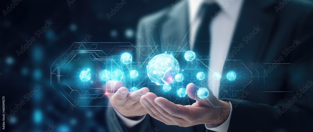 Doctor holding a hologram and virtual data in the hands. Virtual reality in medicine and health care. Doctor holding a hologram and virtual data in the hands. Virtual reality in medicine and health care.