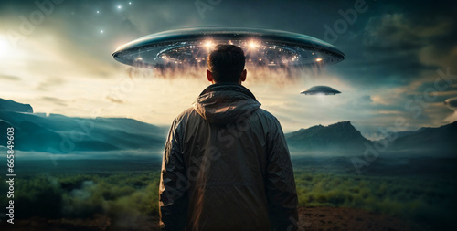 Rear view of a man looking at two huge bright UFOs in the sky. Alien sighting concept.