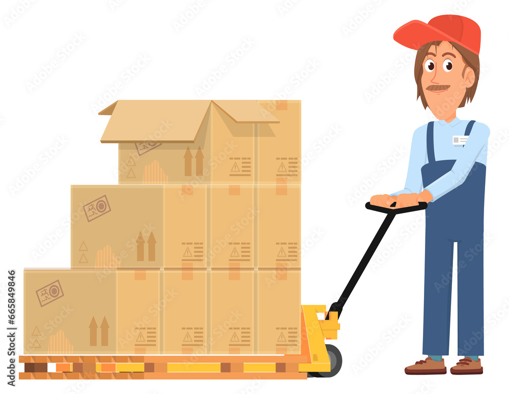 Warehouse worker carrying cardboard boxes on warehouse cargo cart Warehouse worker carrying cardboard boxes on warehouse cargo cart