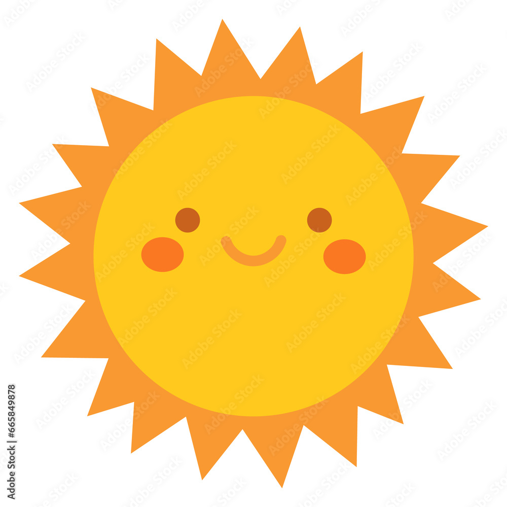 Cute face sun. Smiling kawaii character. Hot weather
