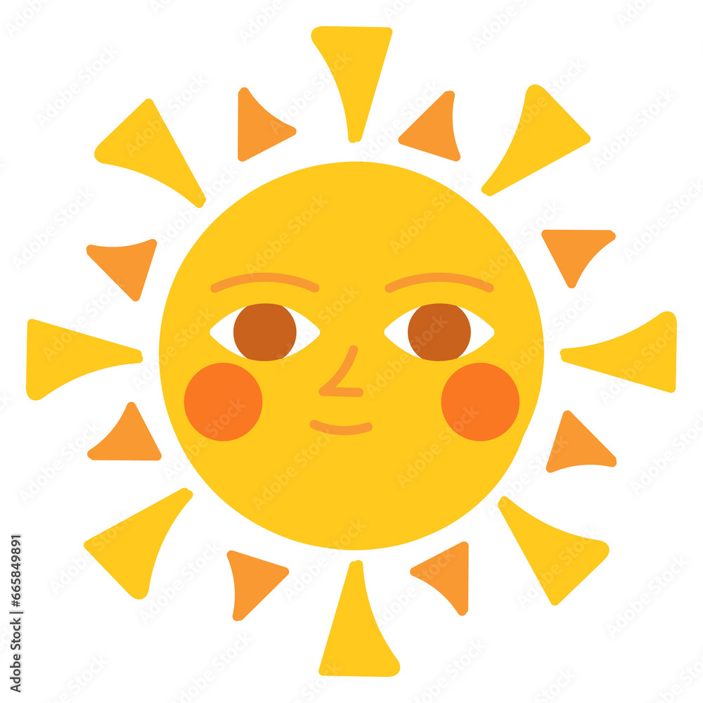 Sun character. Yellow summer icon. Yellow sunshine