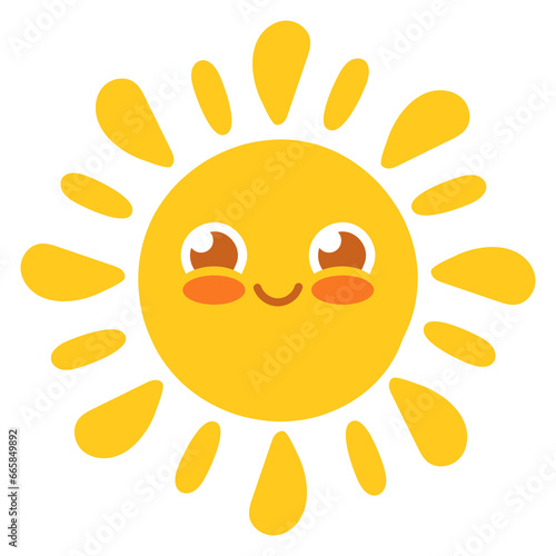 Happy sun icon. Yellow sunshine with smiling face