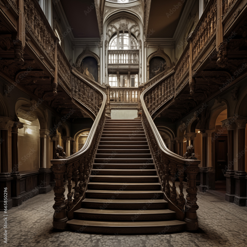Massive wooden staircase inside of an old building