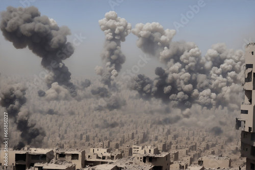 Middle East city after airstrike. War and battle. Explosion and smoke. AI Artificial intelligence generated art.