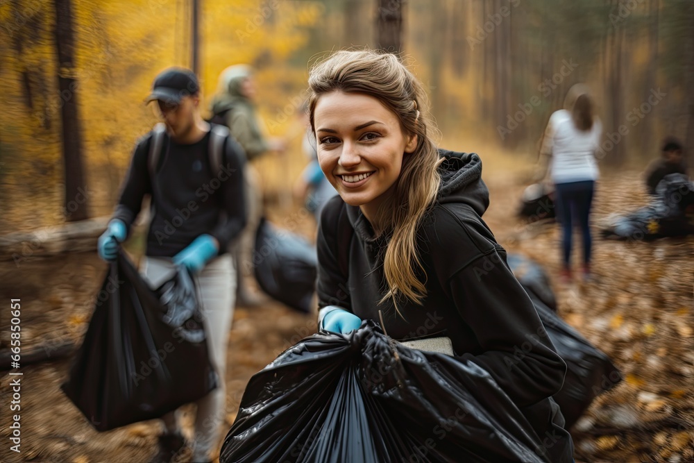 Happy young woman voluntarily cleaning a polluted environment. Recycling and environmental protection concept. Happy young woman voluntarily cleaning a polluted environment. Recycling and environmental protection concept.
