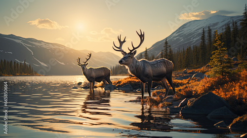 Two deer are standing by the water. In the background are snow-capped mountains. © jr-art