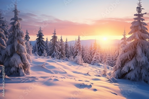 Snowy winter landscape with snow-covered trees. 
