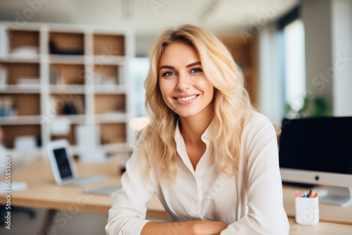 beautiful happy blond woman looking at camera while sitting at the office