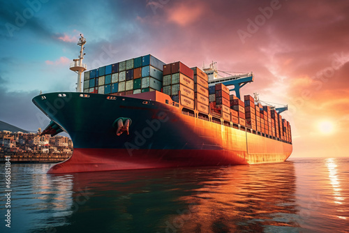 Container ship in the sea. Freight transportation and logistics concept. Cargo ship in the sea at sunset.