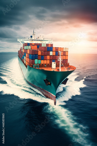 Container ship in the sea. Freight transportation and logistics concept. Cargo ship in the sea at sunset.