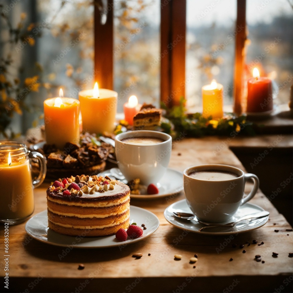 Breakfast table hot coffee birthday cake with candles some pastries autumn ambient daylight warm sunlight