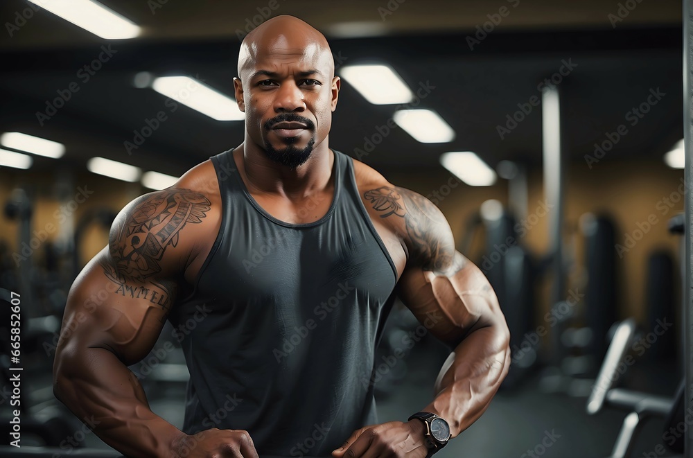 Portrait of handsome african american male model, bodybuilder fitness trainer, flexing muscles in the gym, bodybuilding and fitness concept background
