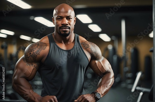Obraz na płótnie Portrait of handsome african american male model, bodybuilder fitness trainer, flexing muscles in the gym, bodybuilding and fitness concept background w salonie