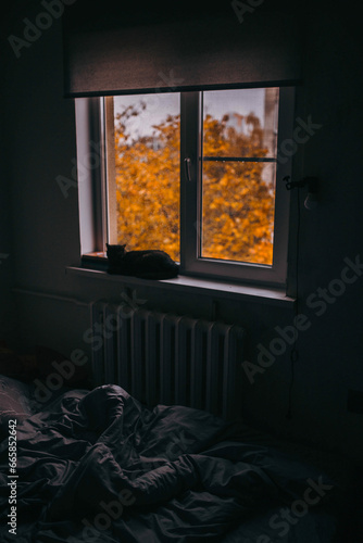 cozy atmosphere in the room bed and linen window overlooking the trees in autumn