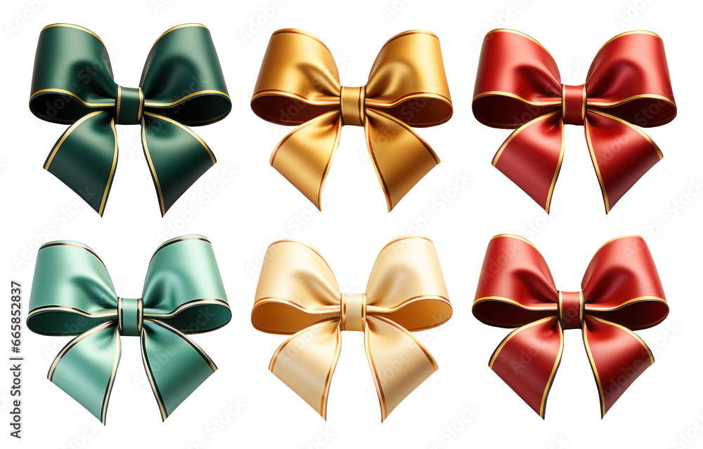 Set ribbon bows Green Red Golden Christmas pattern isolated on transparent background. cutout, PNG file. for product presentation. banner, poster, card, t shirt, sticker